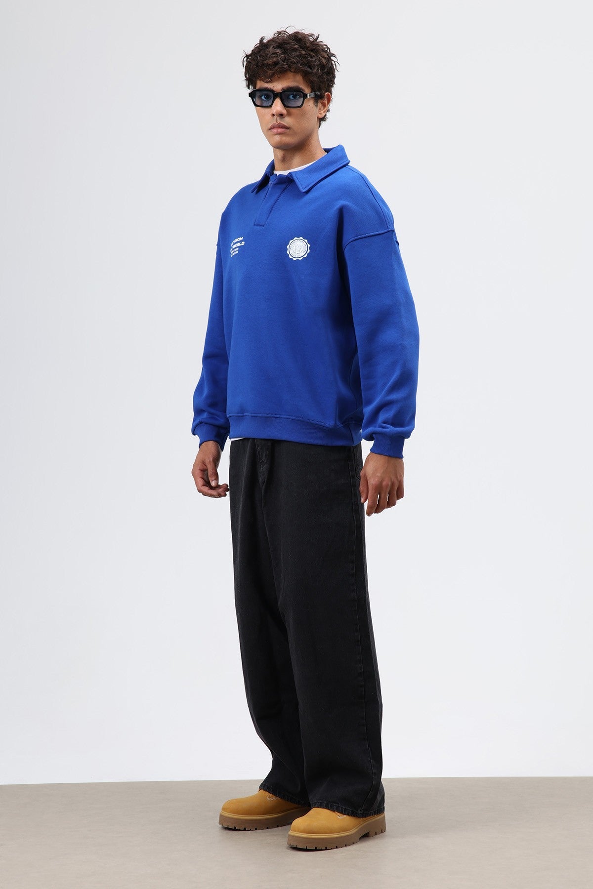 Oversized Printed Washed Sweatshirt with Polo Collar