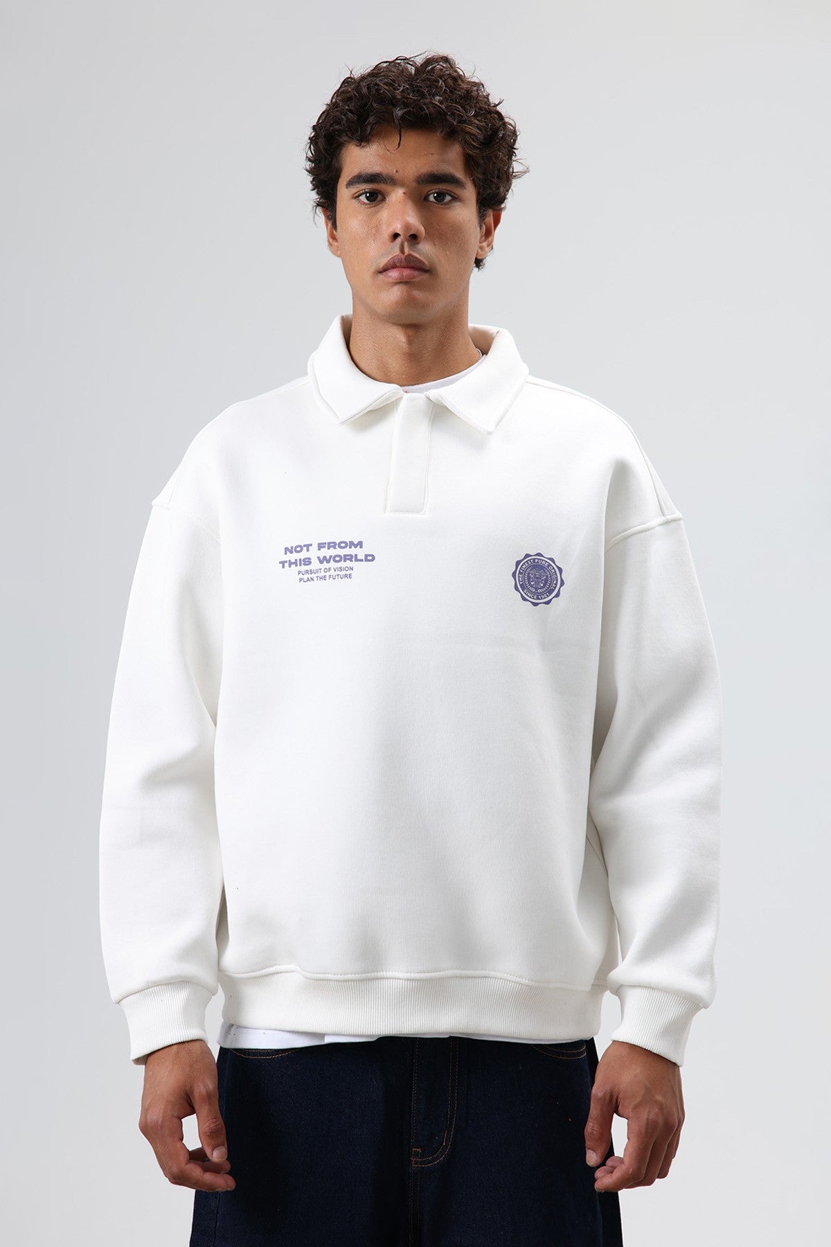 Oversized Printed Washed Sweatshirt with Polo Collar