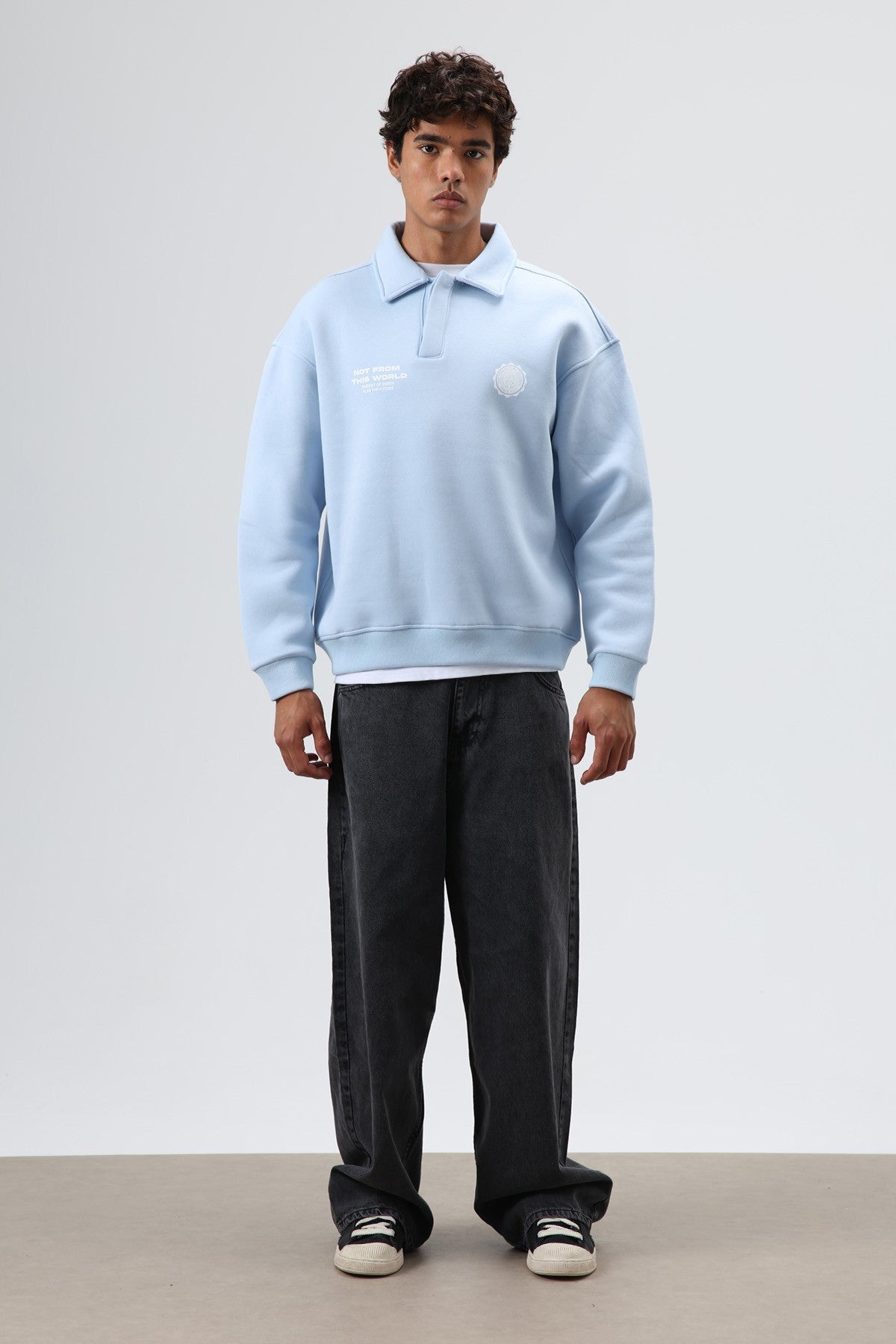 Oversized Printed Washed Sweatshirt with Polo Collar