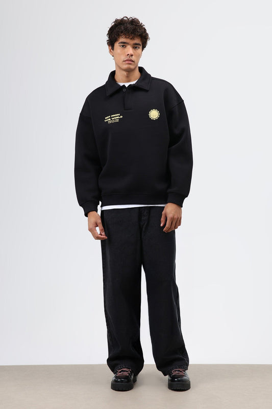 Oversized Printed Washed Sweatshirt with Polo Collar