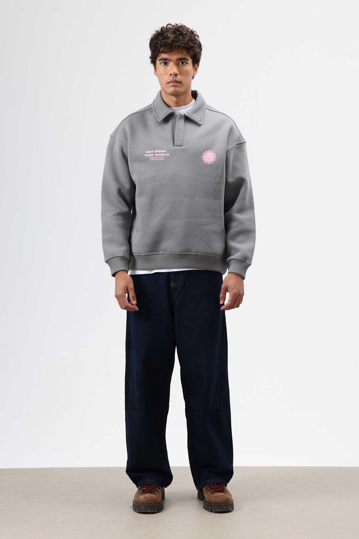Oversized Printed Washed Sweatshirt with Polo Collar