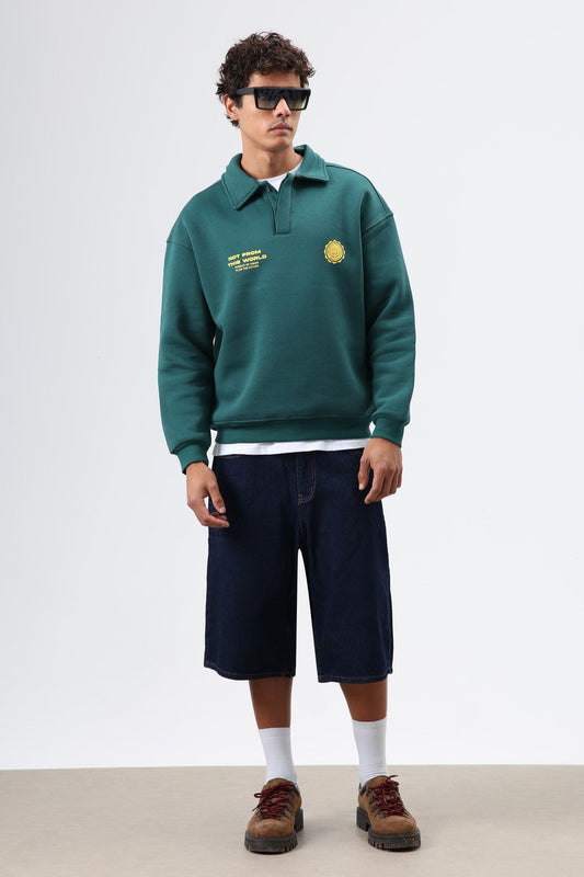 Oversized Printed Washed Sweatshirt with Polo Collar