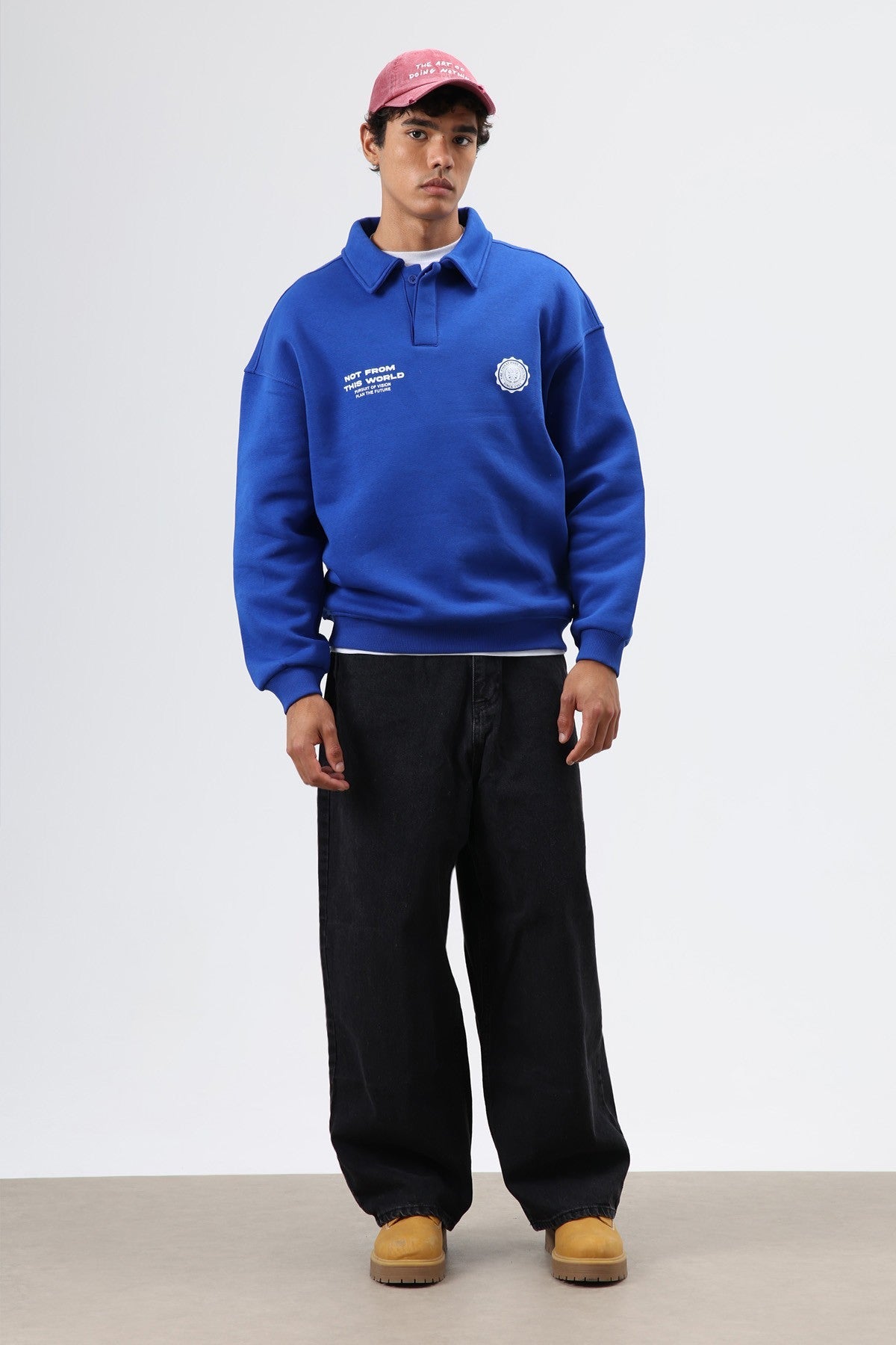 Oversized Printed Washed Sweatshirt with Polo Collar