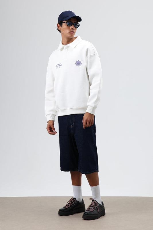 Oversized Printed Washed Sweatshirt with Polo Collar