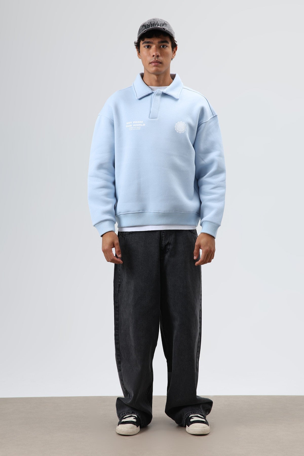 Oversized Printed Washed Sweatshirt with Polo Collar