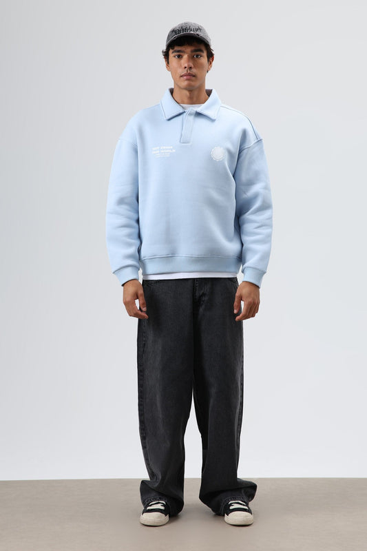 Oversized Printed Washed Sweatshirt with Polo Collar