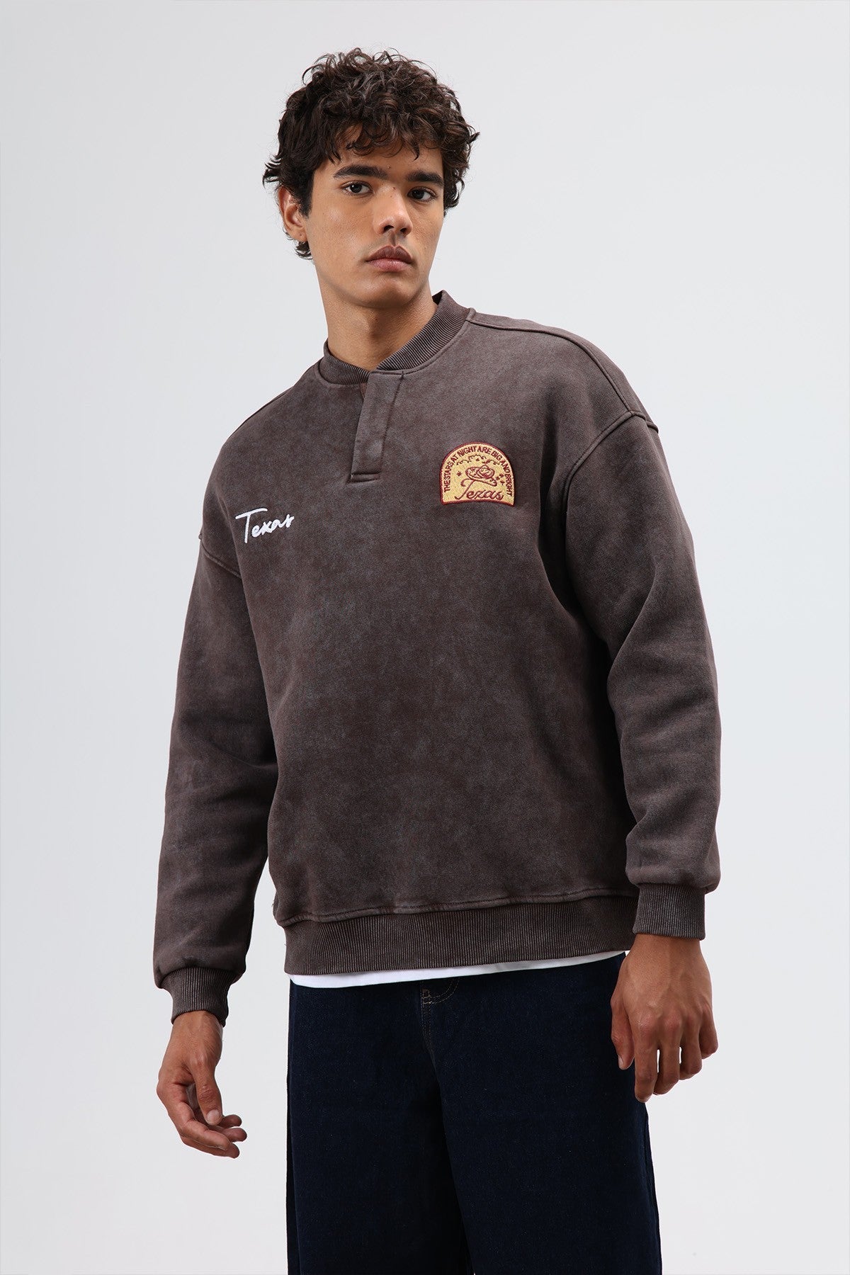 Oversized Henley-Neck Printed Sweatshirt