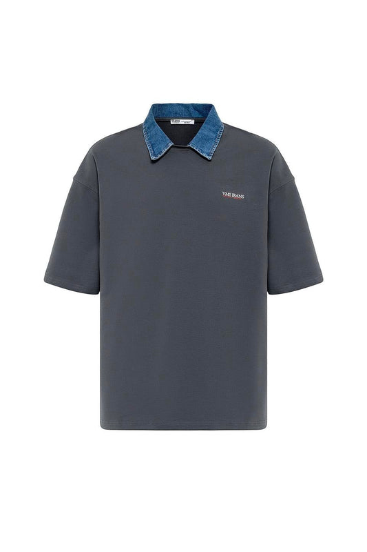 Oversized T-Shirt with Polo Collar and Embroidered Design