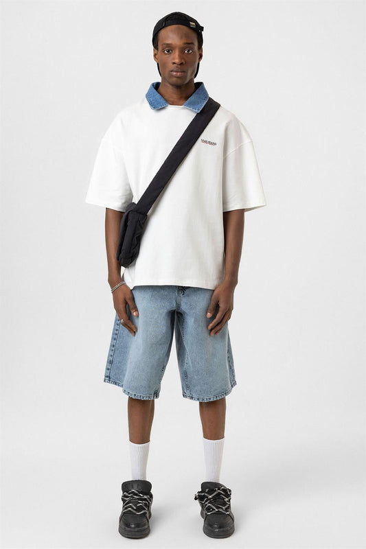 Oversized T-Shirt with Polo Collar and Embroidered Design