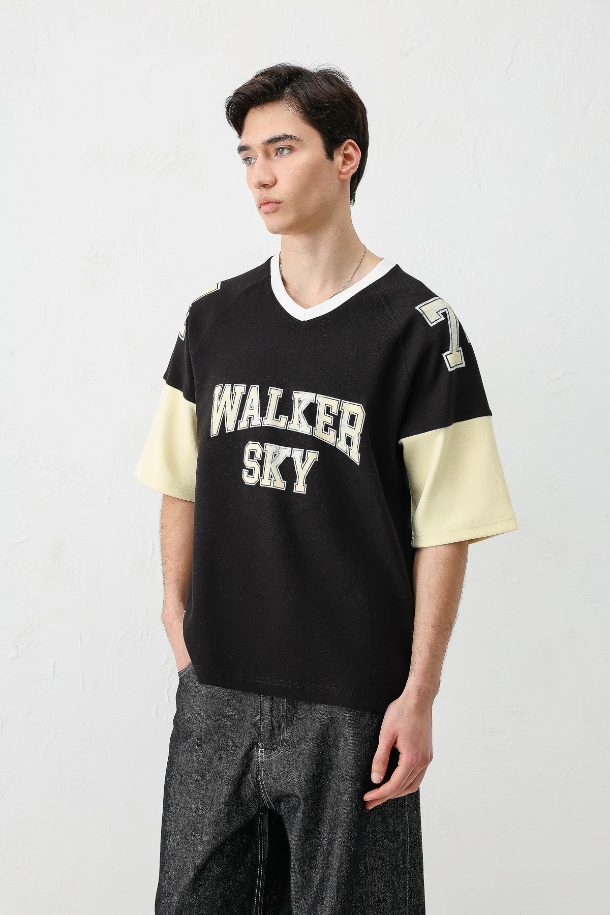 Oversized Ribbed V-Neck Printed T-Shirt