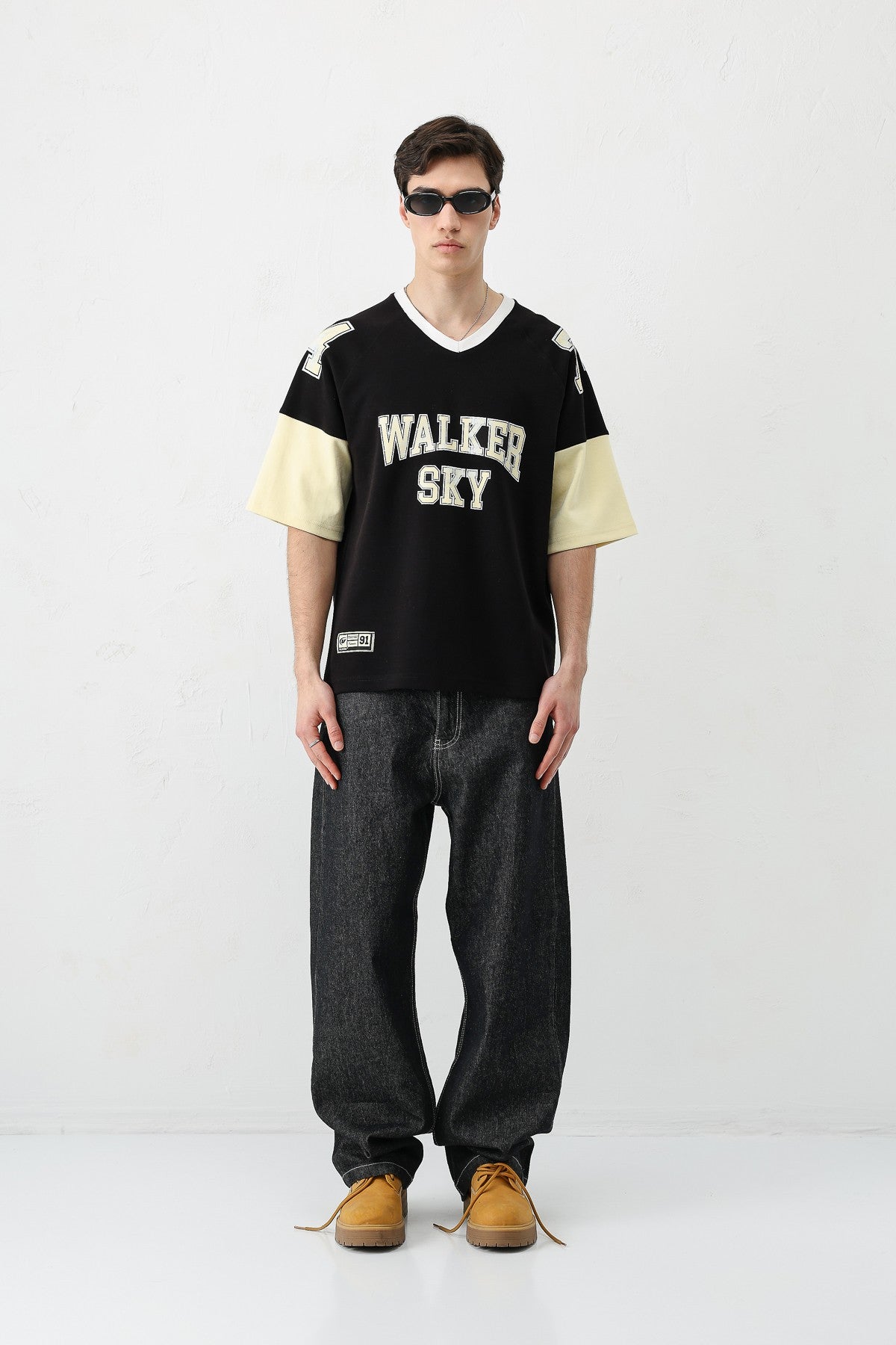 Oversized Ribbed V-Neck Printed T-Shirt