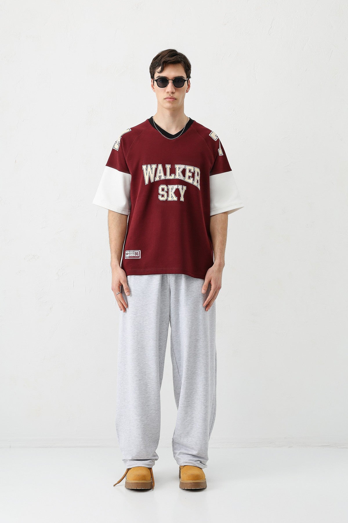 Oversized Ribbed V-Neck Printed T-Shirt