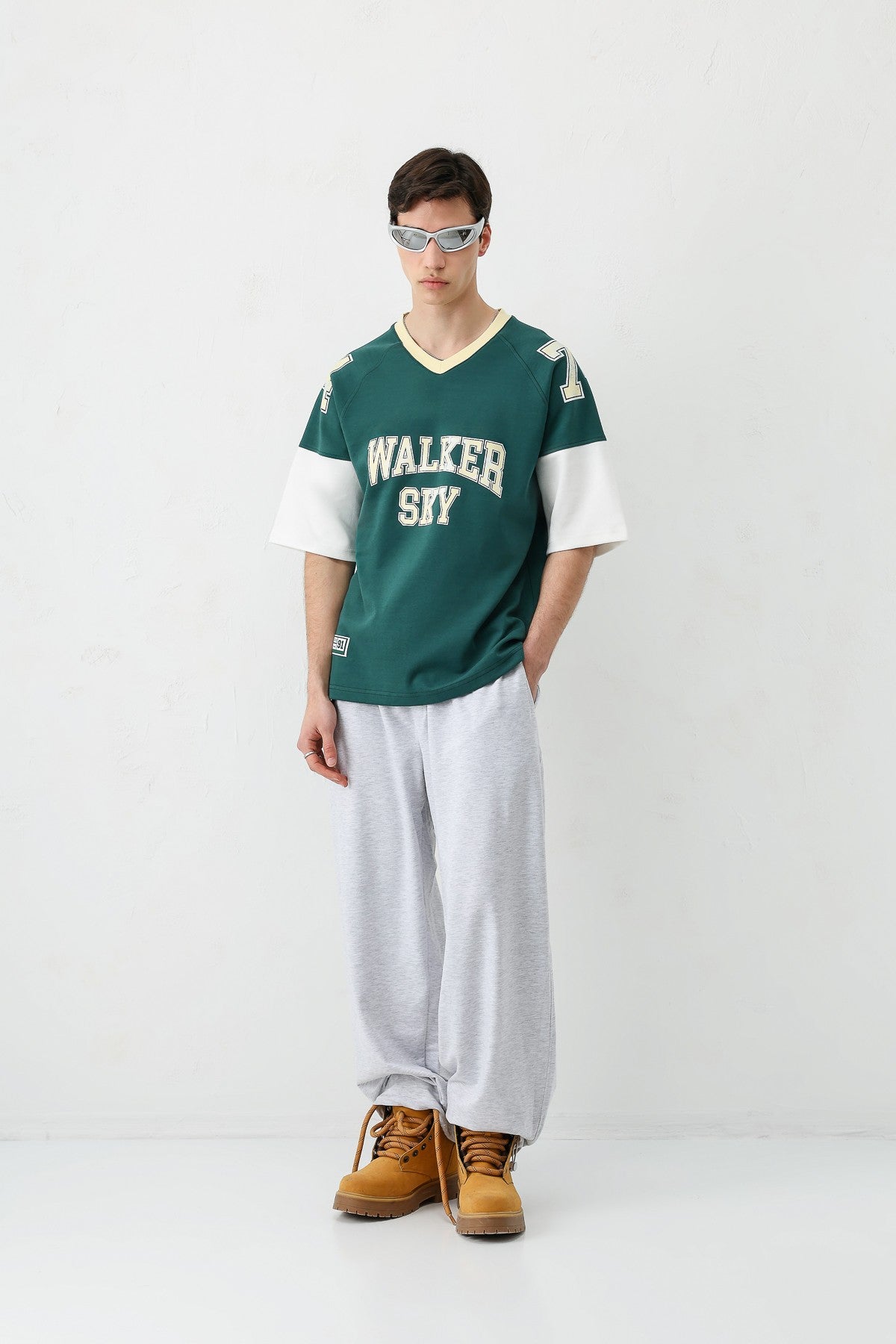 Oversized Ribbed V-Neck Printed T-Shirt