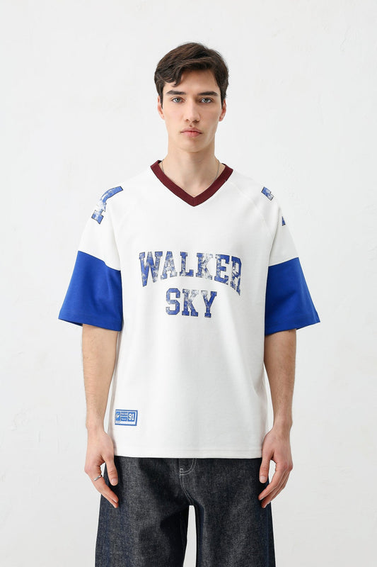 Oversized Ribbed V-Neck Printed T-Shirt
