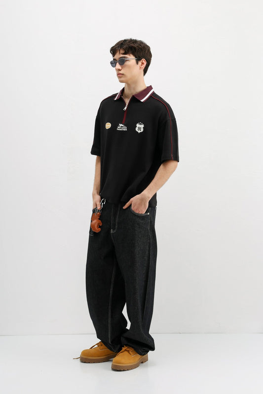 Oversized T-Shirt with Zipper Collar and Print