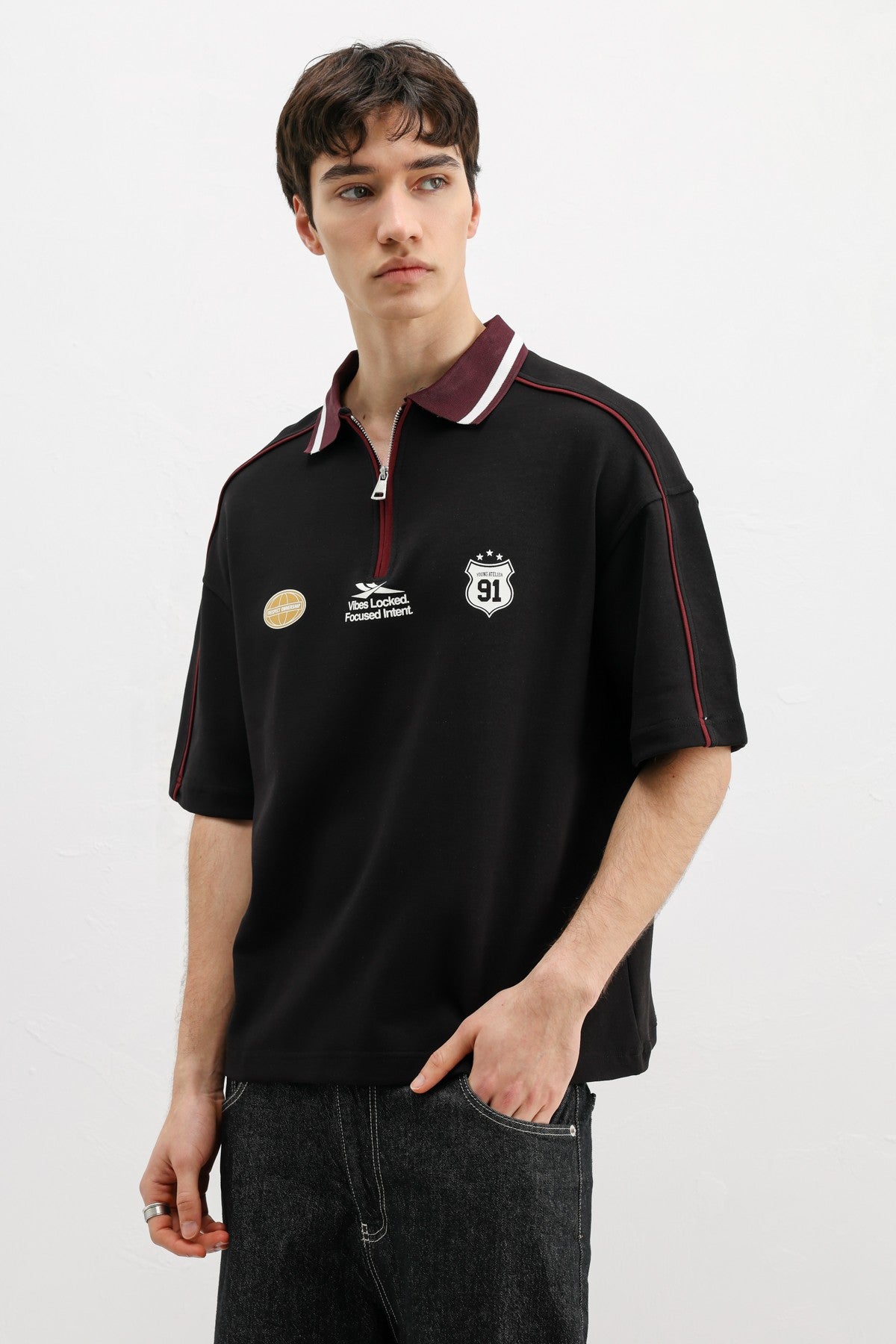 Oversized T-Shirt with Zipper Collar and Print