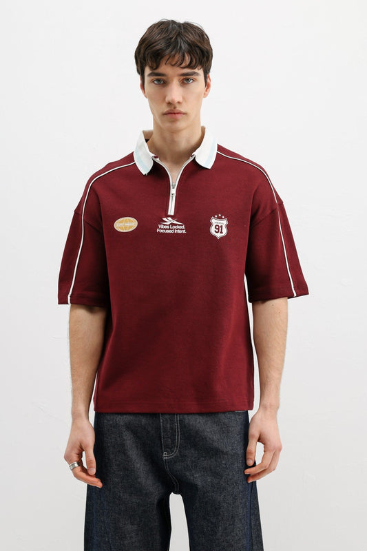 Oversized T-Shirt with Zipper Collar and Print