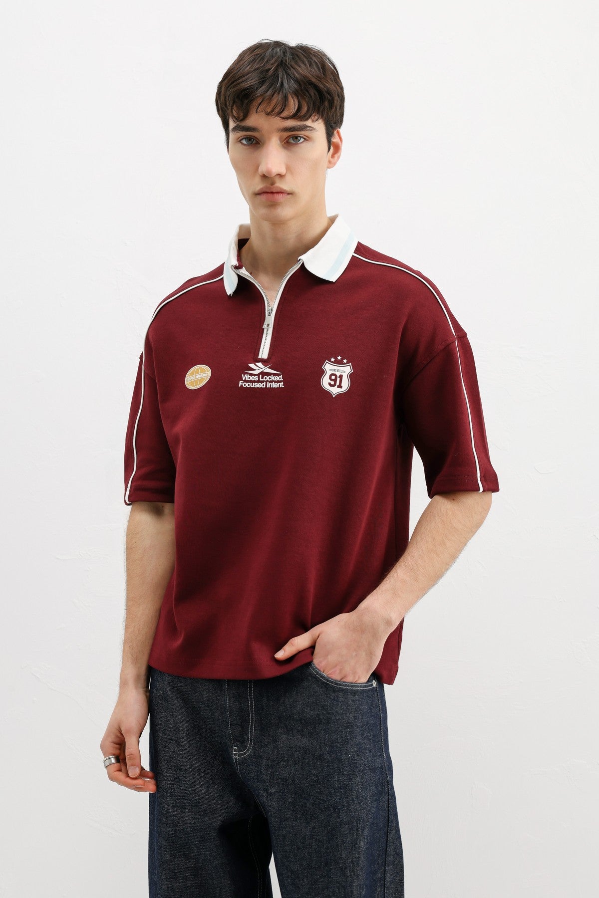 Oversized T-Shirt with Zipper Collar and Print