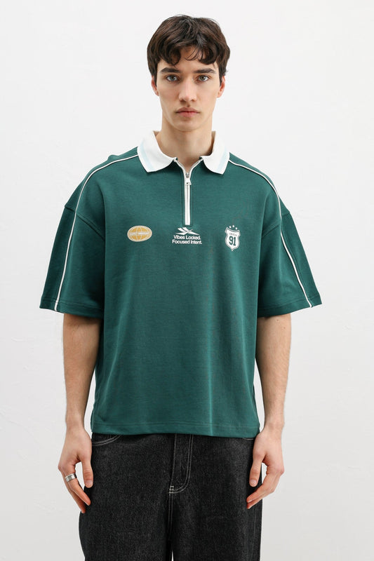 Oversized T-Shirt with Zipper Collar and Print