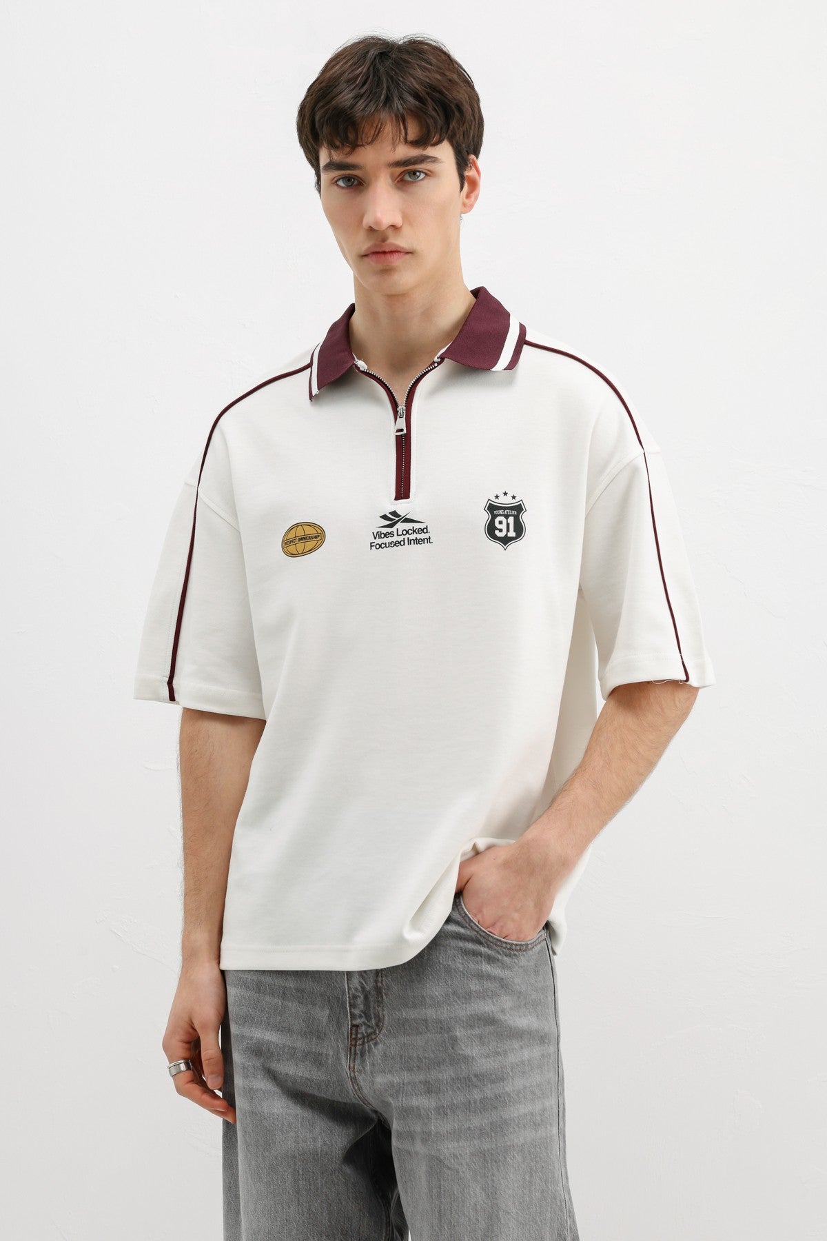 Oversized T-Shirt with Zipper Collar and Print