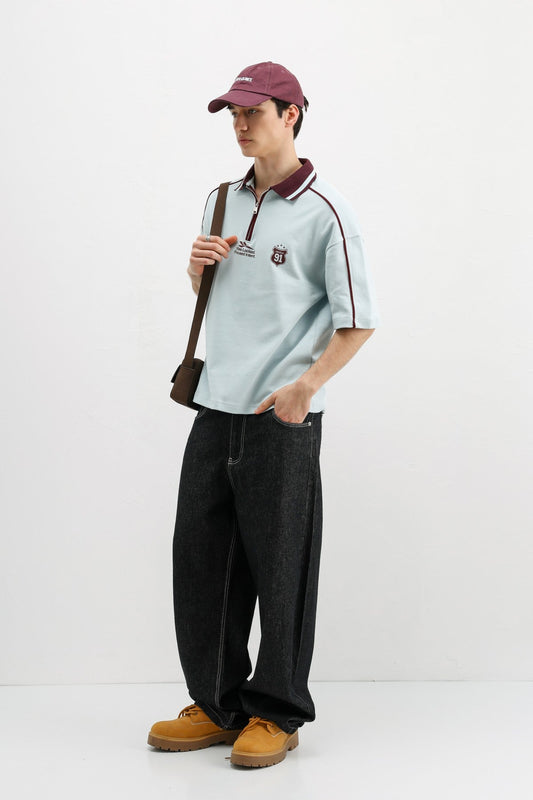 Oversized T-Shirt with Zipper Collar and Print