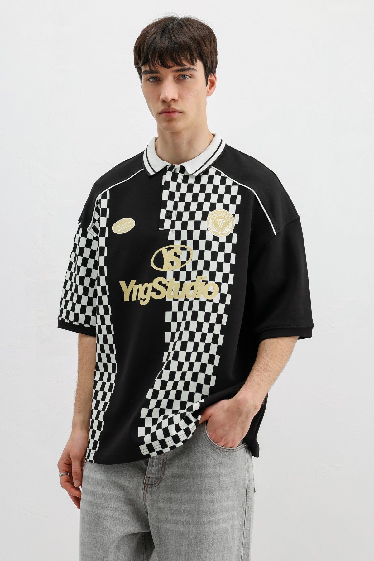 Oversized T-Shirt with Polo Collar Print