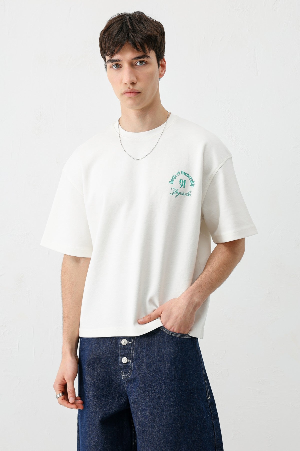 Short-Sleeved Boxy-Fit Printed T-Shirt, Ecru
