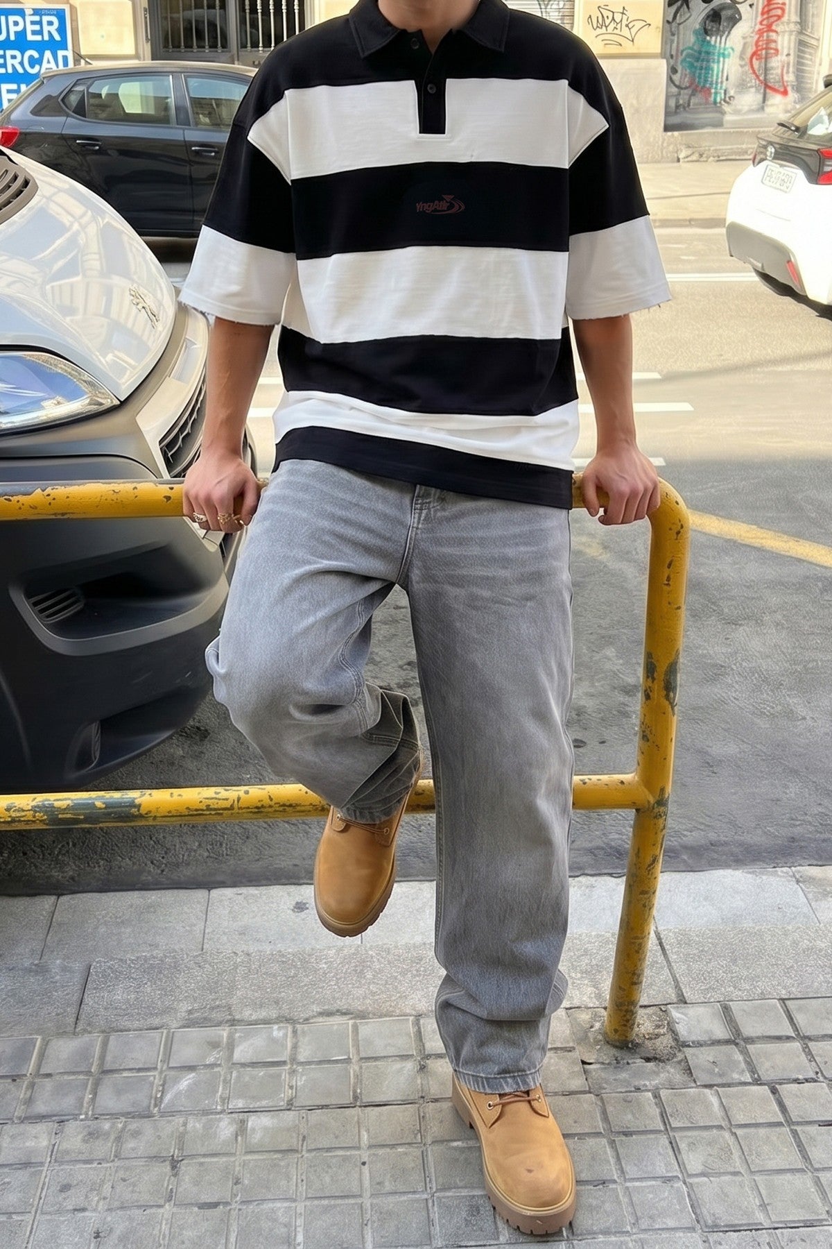 Oversized Rugby-Collar Striped T-Shirt
