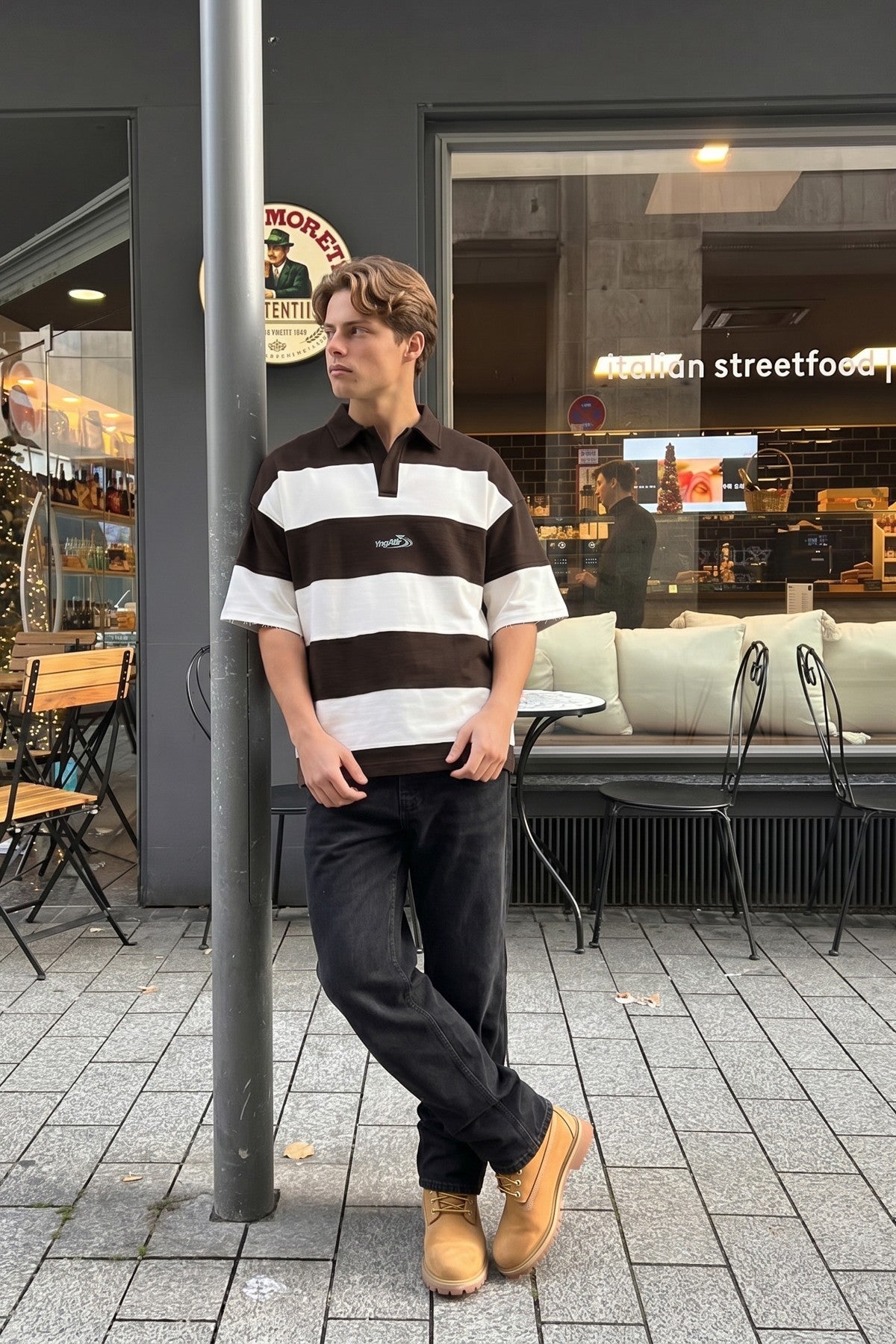 Oversized Rugby-Collar Striped T-Shirt