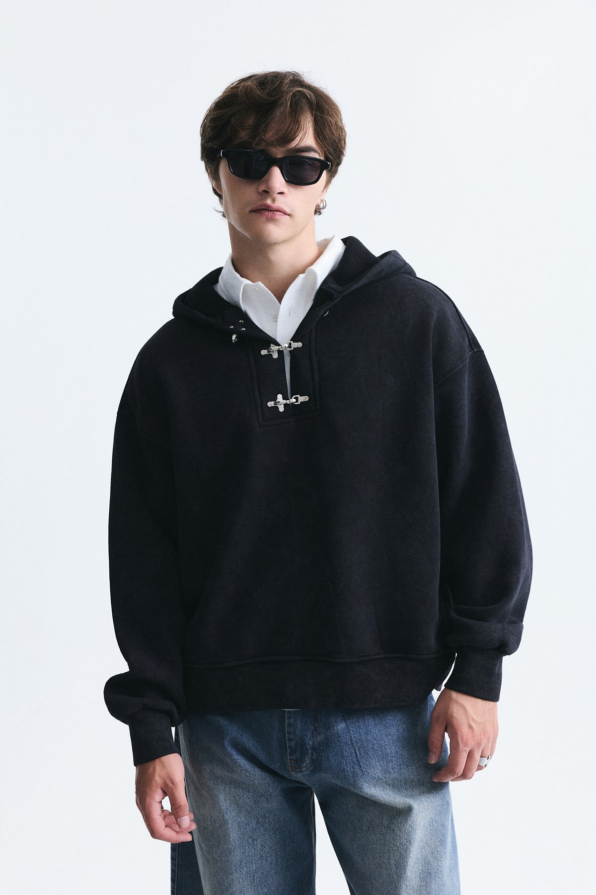 Boxy Fit Metal Clip-Front Sweatshirt