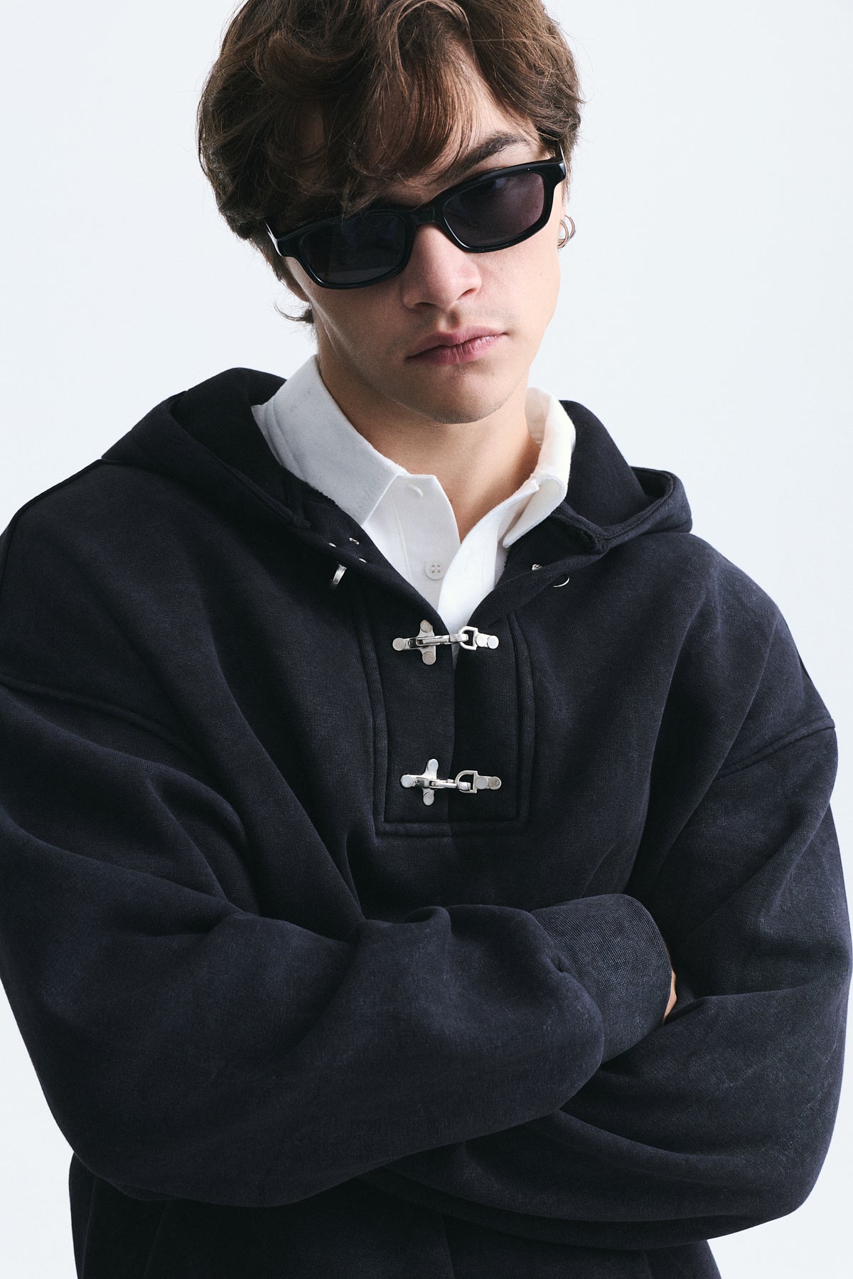 Boxy Fit Metal Clip-Front Sweatshirt