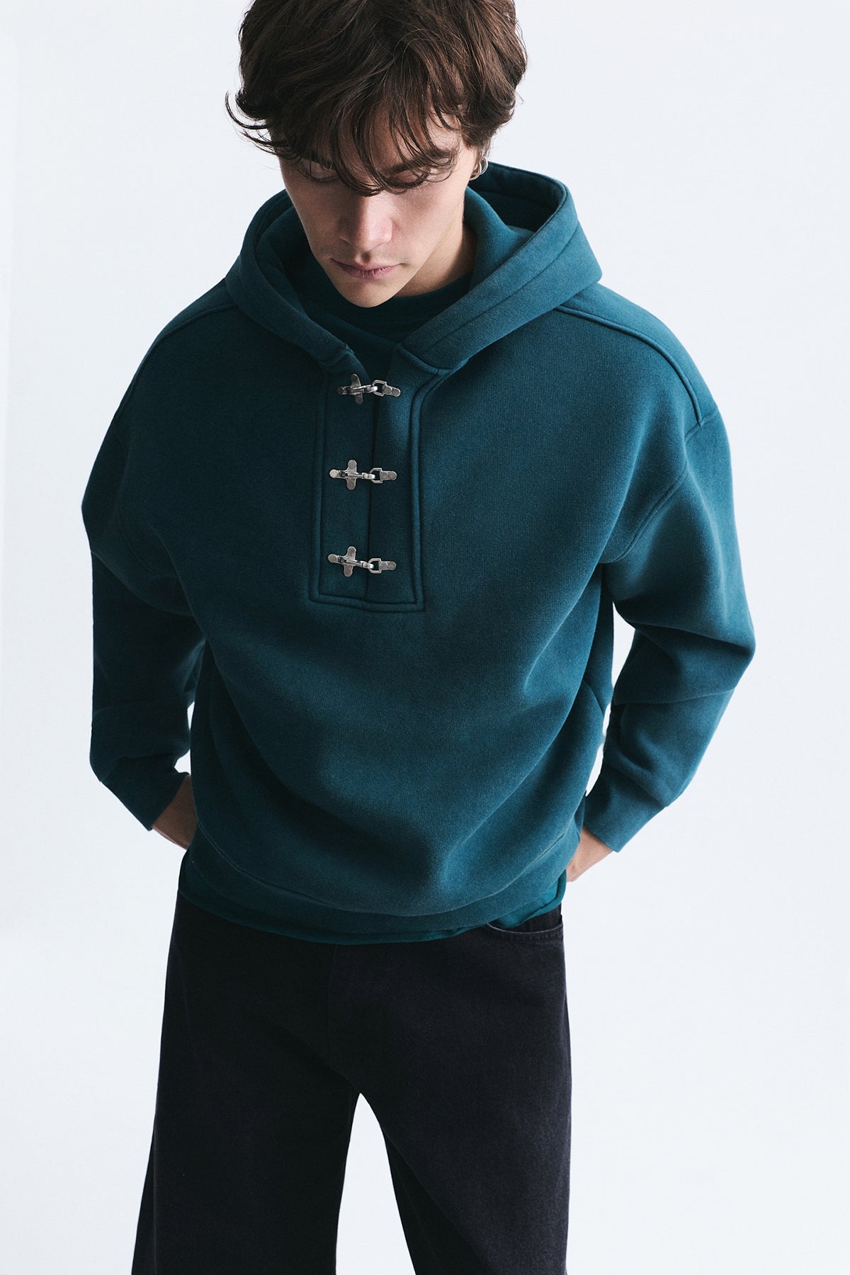 Boxy Fit Metal Clip-Front Sweatshirt