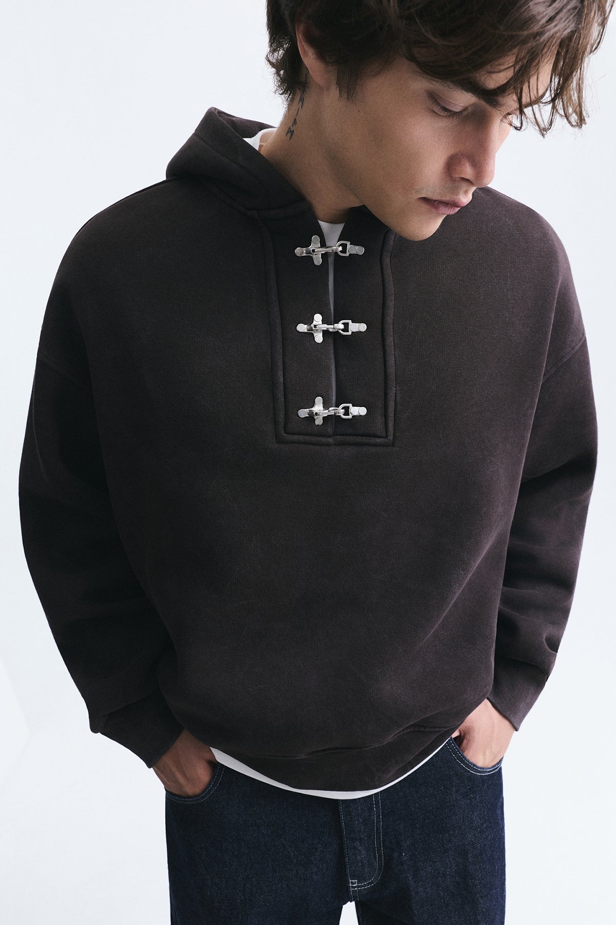 Boxy Fit Metal Clip-Front Sweatshirt