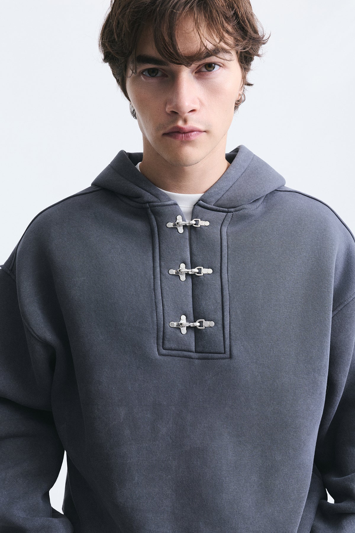 Boxy Fit Metal Clip-Front Sweatshirt