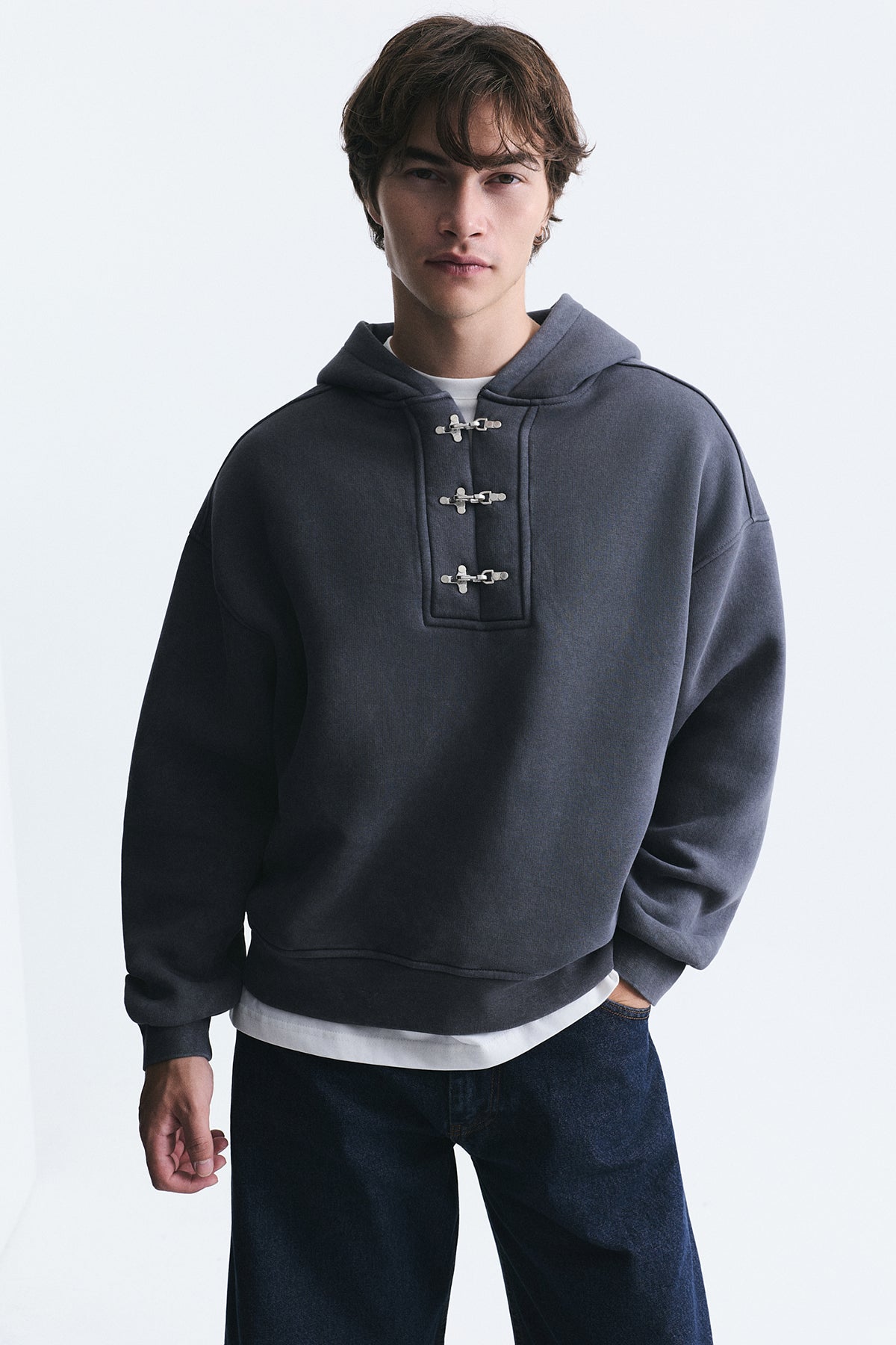 Boxy Fit Metal Clip-Front Sweatshirt