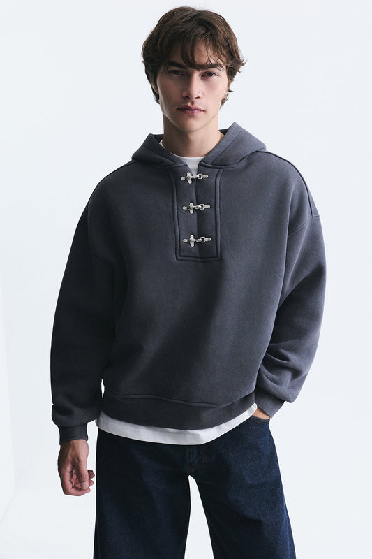 Boxy Fit Metal Clip-Front Sweatshirt