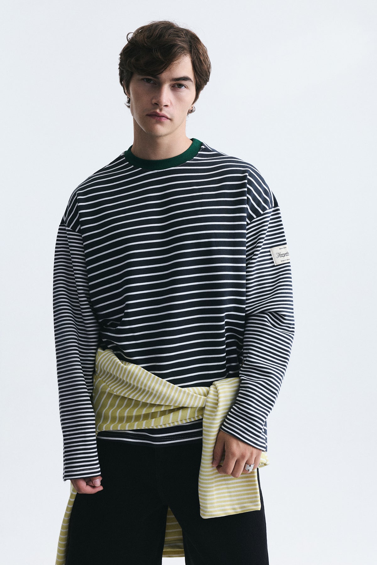 Contrast-Collar Striped Sweatshirt