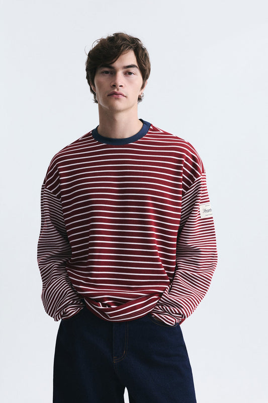 Contrast-Collar Striped Sweatshirt