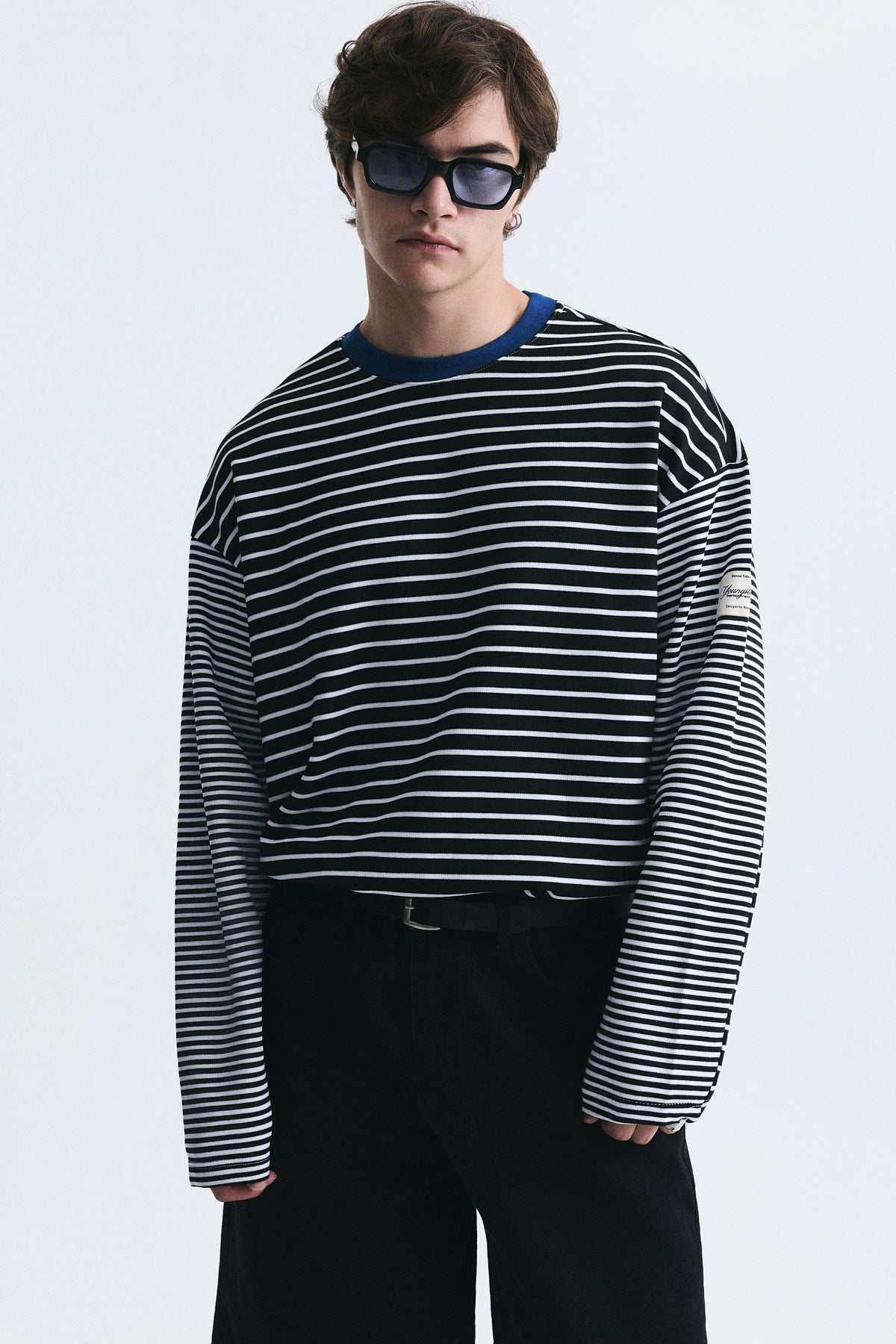 Contrast-Collar Striped Sweatshirt