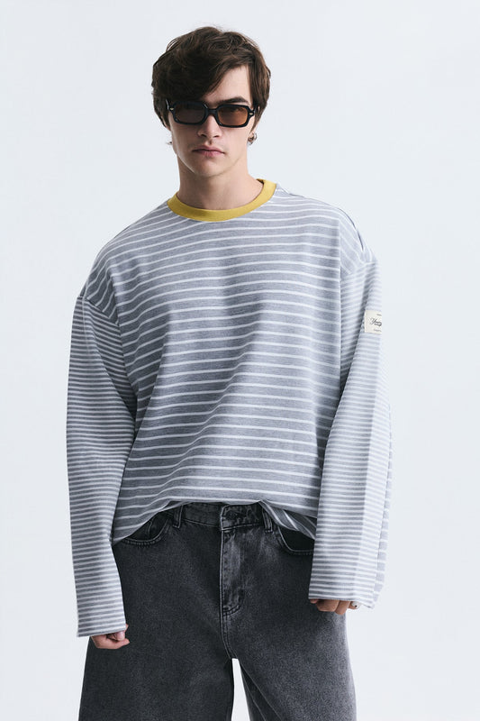 Contrast-Collar Striped Sweatshirt