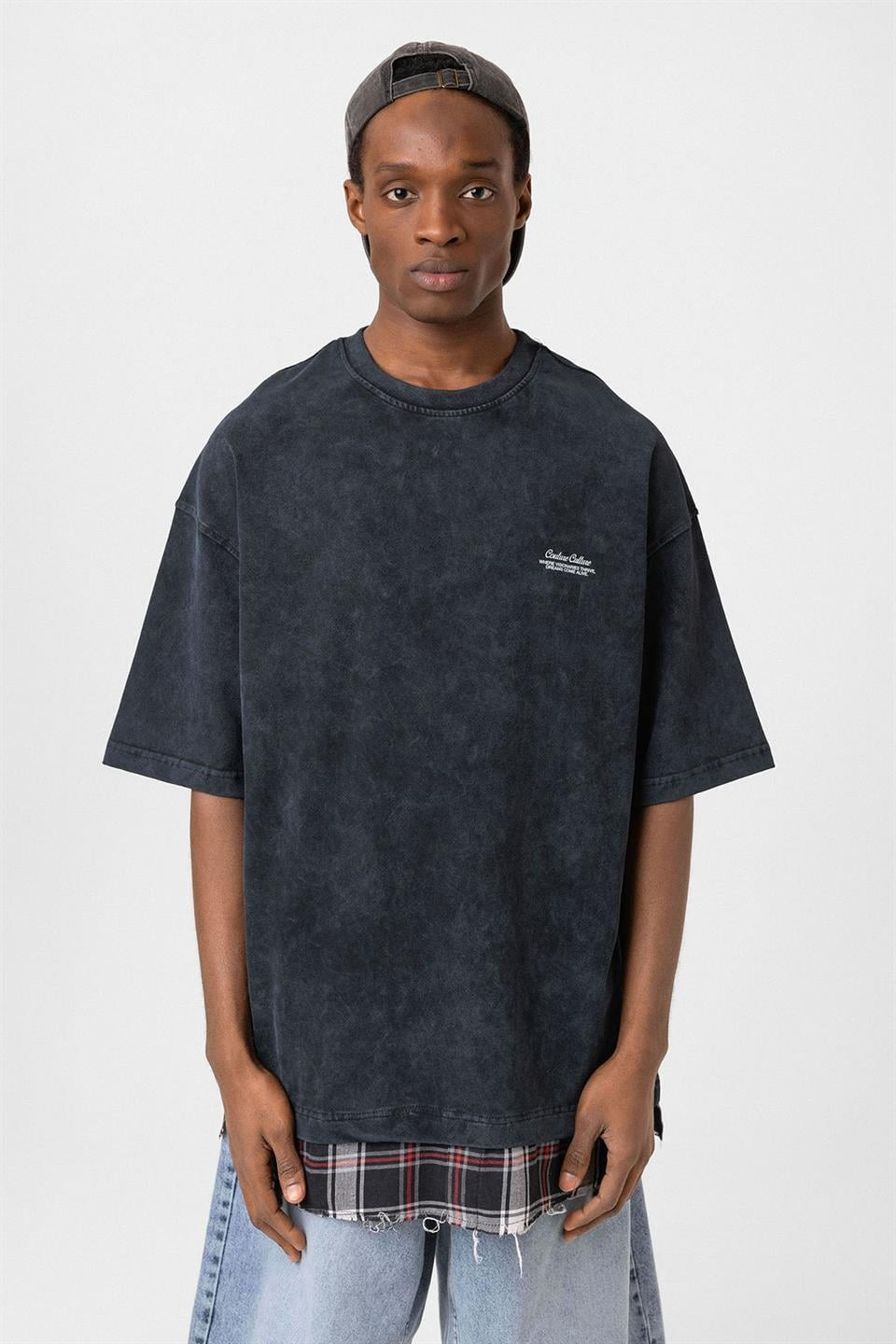 Oversized T-Shirt with Checkered Details and a Washed Look
