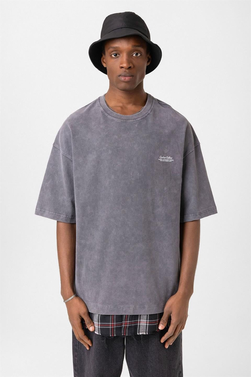 Oversized T-Shirt with Checkered Details and a Washed Look