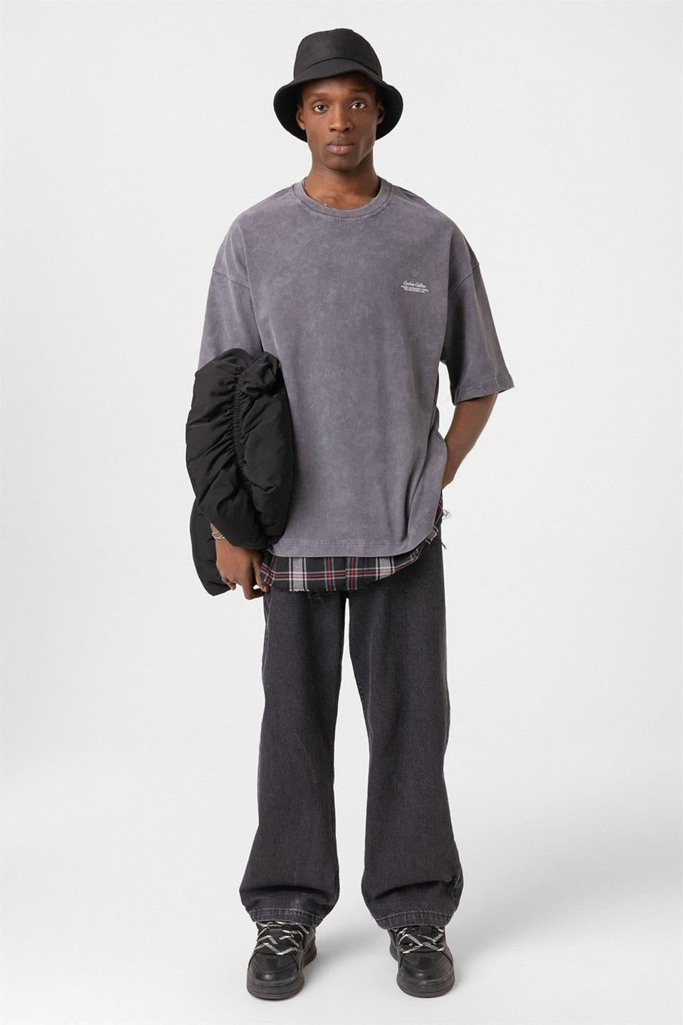 Oversized T-Shirt with Checkered Details and a Washed Look
