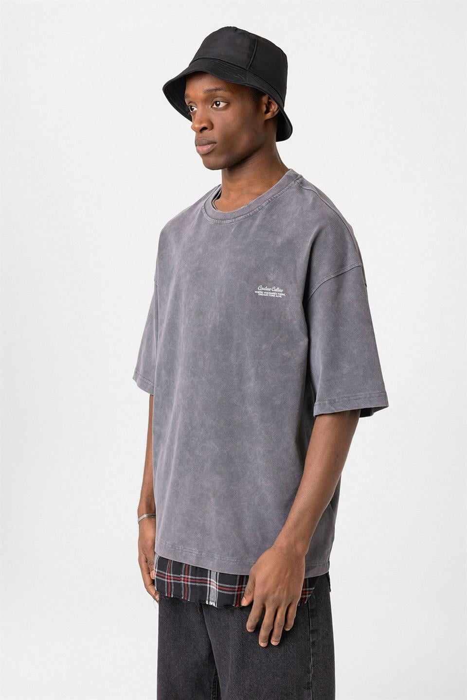 Oversized T-Shirt with Checkered Details and a Washed Look