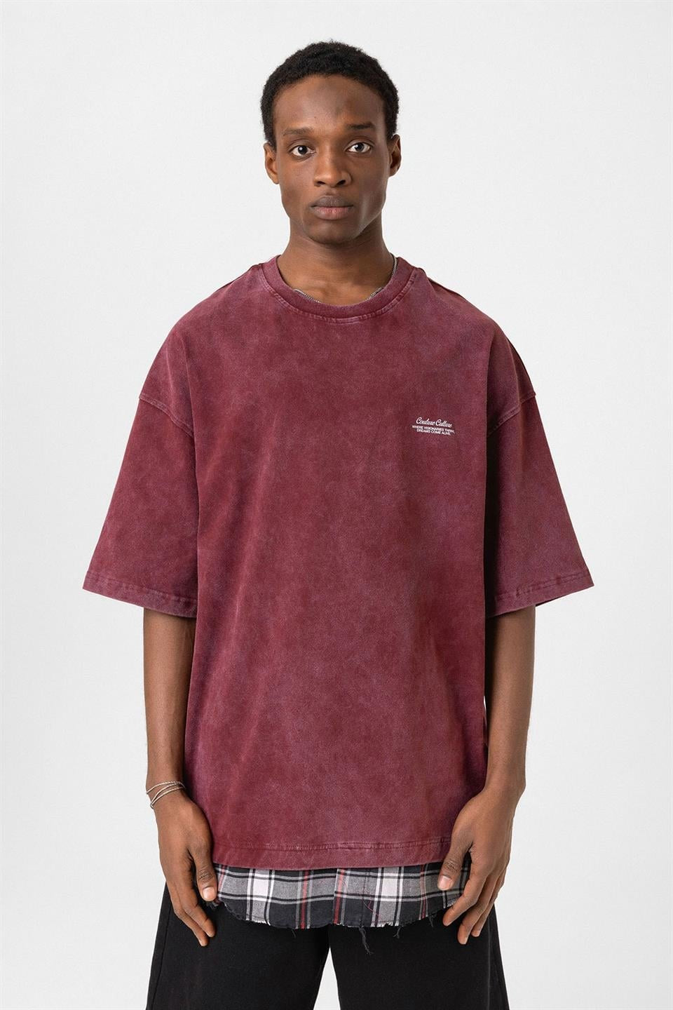 Oversized T-Shirt with Checkered Details and a Washed Look