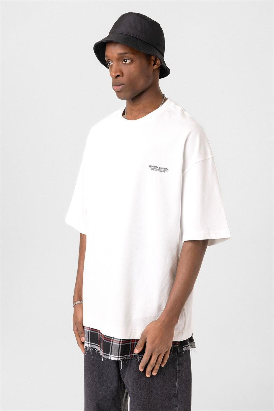 Oversized T-Shirt with Checkered Details and a Washed Look