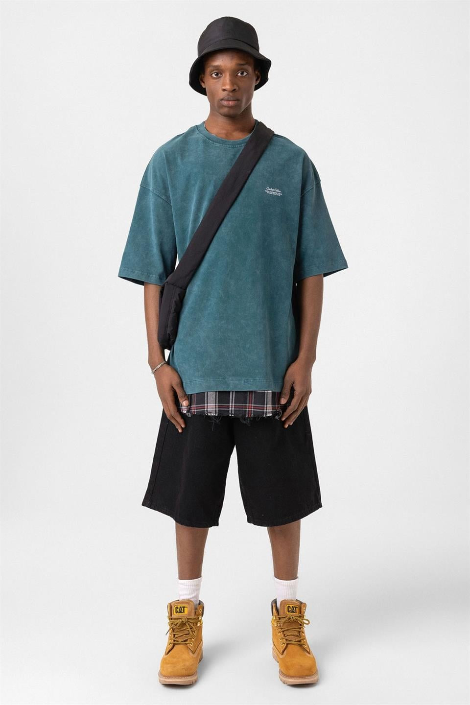 Oversized T-Shirt with Checkered Details and a Washed Look