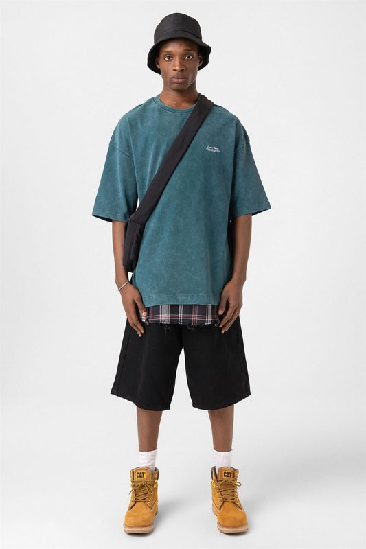 Oversized T-Shirt with Checkered Details and a Washed Look