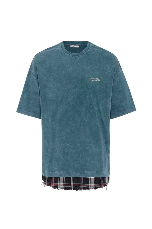 Oversized T-Shirt with Checkered Details and a Washed Look