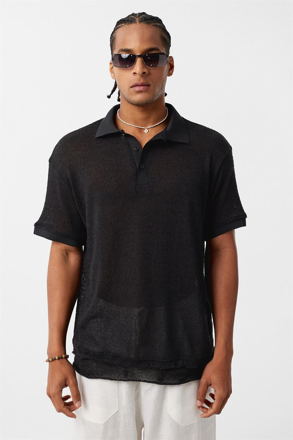 Oversized Polo-Neck Knit T-Shirt
